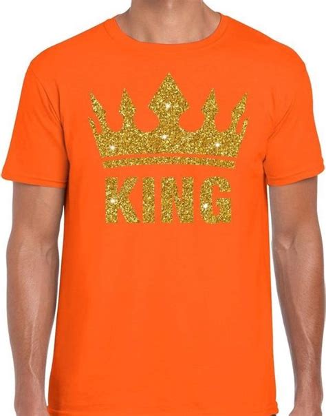 Oranje King Gouden Glitter Kroon T Shirt Heren Oranje Koningsdag