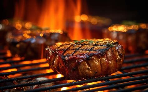 Premium Ai Image Closeup Of Grilling Steaks Of Meat On Barbecue With