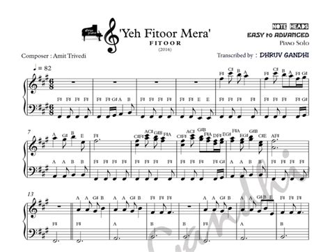 Yeh Fitoor Mera (Sheet Music + English Notes + MIDI) - Piano Tutorial