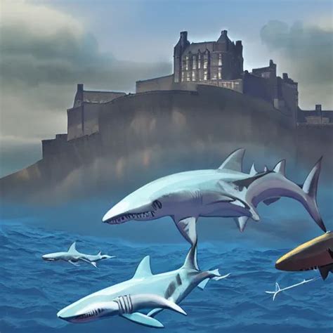 Sharks Swimming Above Edinburgh Castle Concept Art In Stable