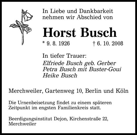 Traueranzeigen Von Horst Busch Saarbruecker Zeitung Trauer De