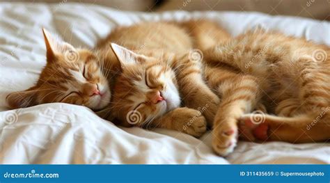 Dreaming Felines Two Adorable Cats Napping On A Cozy Bed Generative