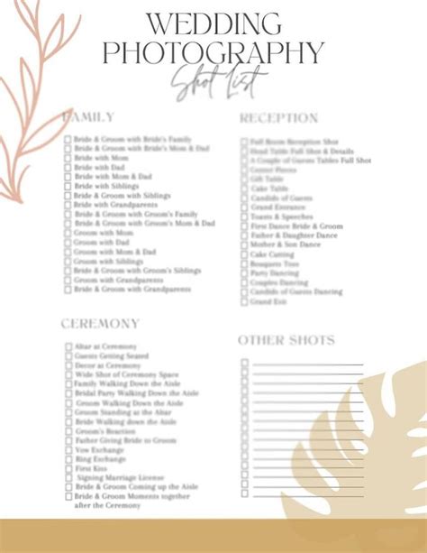 Wedding Photo Checklist Wedding Shot List Printable Wedding Photography