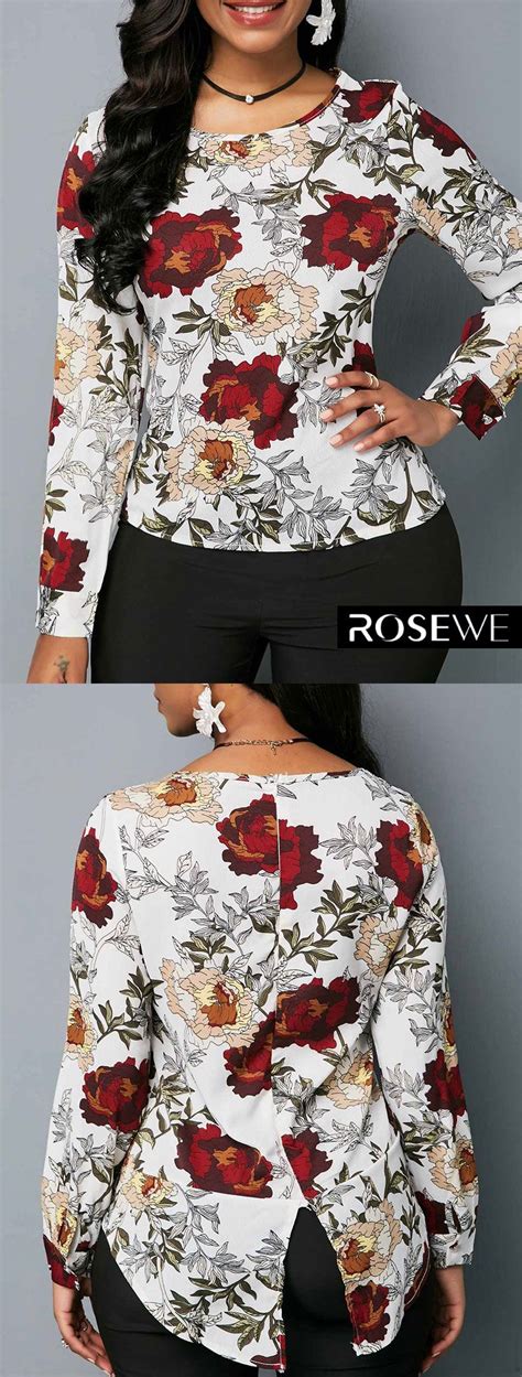 Long Sleeve Flower Print T Shirt Rosewe Floral Trendy Tops For