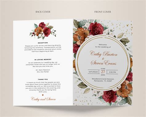 Bi Fold Wedding Program Template With Burgundy And Terracotta Etsy