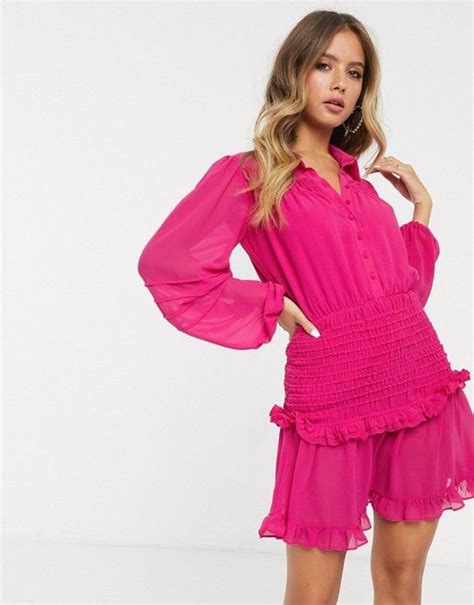 Bardot Long Sleeve Lace Mini Dress With Flippy Hem In Deep Fuchsia