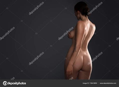 Nude Woman Posing Dark Background Back View Space Text Stock Editorial Photo NewAfrica