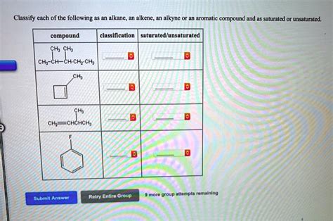 Solved Classify Each Of The Following S An Alkane An Alkene Alkyne