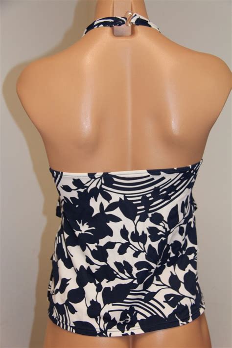 Nwt Caribbean Joe Swimsuit Tankini Top Navy White Halter Ruffles Ebay