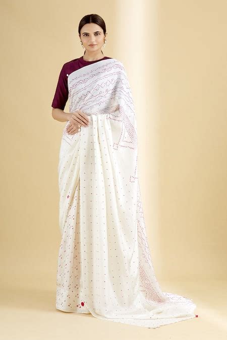 Buy Injiri White Cotton Chanderi Bandhani Saree With Unstitched Blouse