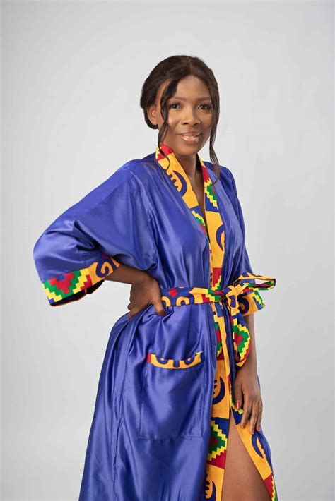 Blue And African Kente Print Satin Kimono Robe African Clothing Store