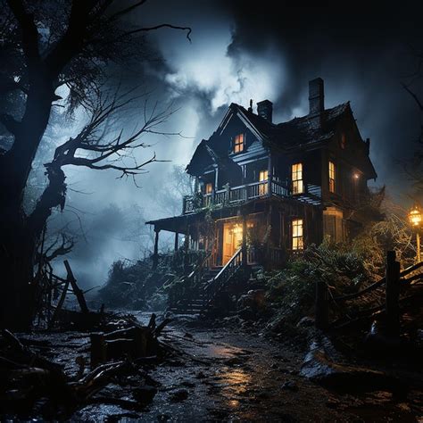 Premium AI Image Halloween Creepy Haunted House In Forest AI Generated