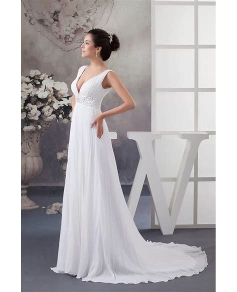 A Line V Neck Sweep Train Chiffon Wedding Dress With Beading Op4789 1643