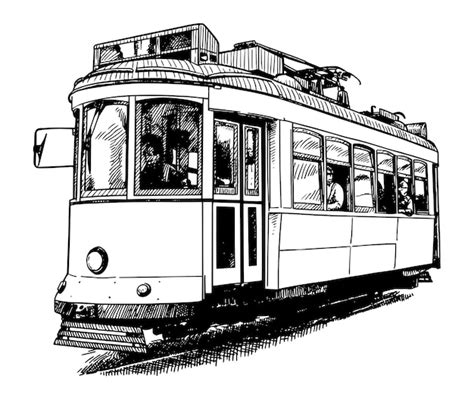 Premium Vector A Black And White Drawing Of A Trolley Car On The Tracks