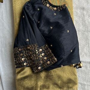 Threadslabel Gold Tissue Saree With Black Handwork Blouse Etsy