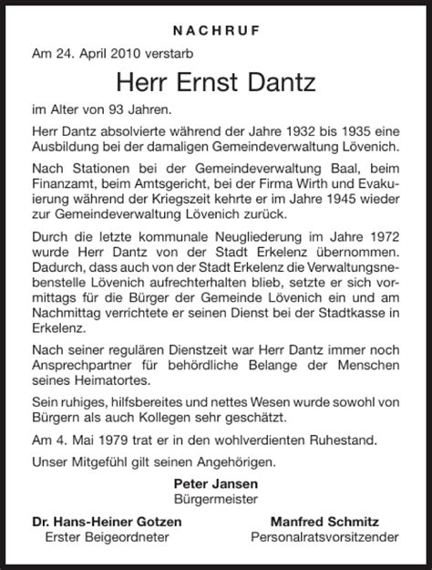 Traueranzeigen Von Ernst Dantz Aachen Gedenkt