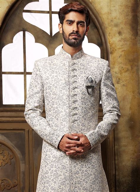 Buy Off White Brocade Jacquard Indowestern Sherwani Wedding Wear Online