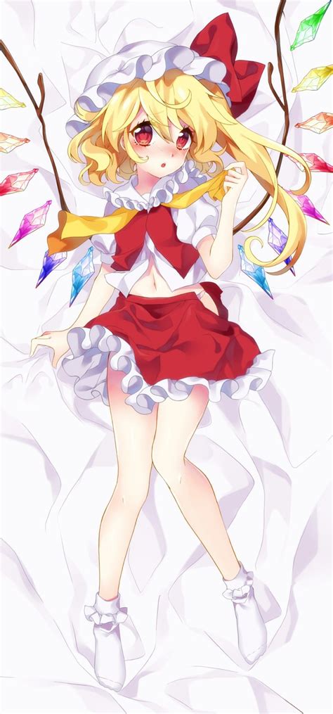 Safebooru 1girl O Ascot Bed Sheet Blonde Hair Blush Bobby Socks Crystal Dakimakura Flandre