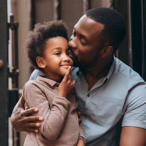 Concepto del día del padre padre afroamericano besando a su pequeña