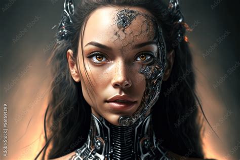 A Futuristic Dark Skinned Cyborg Woman With A Half Robot Face Brown Eyes Black Hair