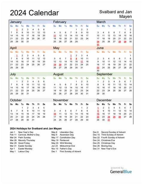 Annual Calendar With Svalbard And Jan Mayen Holidays