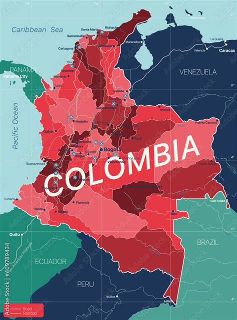 Columbia country detailed editable map with regions cities and towns ...