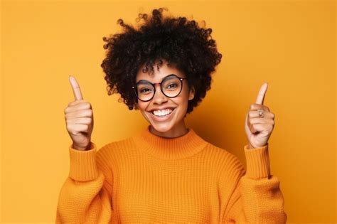 Premium Ai Image A Woman With Glasses And A Sweater Gives A Thumbs Up