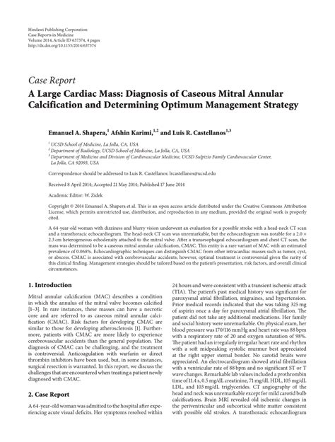 Pdf A Large Cardiac Mass Diagnosis Of Caseous Mitral Annular