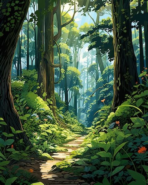 Premium AI Image The Painting Shows A Sunlit Forest Path Illustration