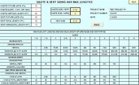 Drain Vent Sizing Chart