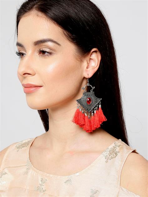 Buy Infuzze Oxidised Silver Toned Red Tasselled Drop Earrings Online