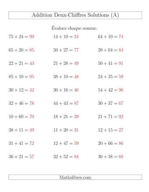 Addition de nombres à deux chiffres sans retenue 100 par page A