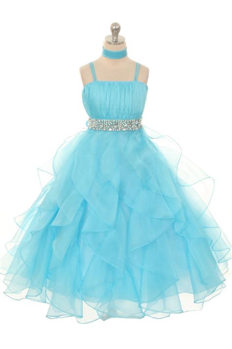 Aqua Organza Ruffled Skirt Flower Girl Dress