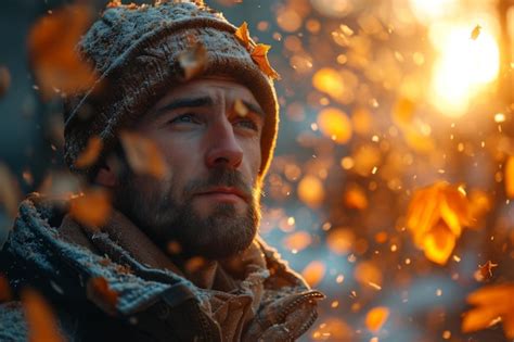 Premium Photo Man Wearing Hat And Scarf Standing In Snow A Man