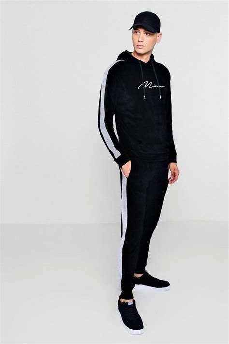 Man Signature Velour Tracksuit With Side Panel Boohoo