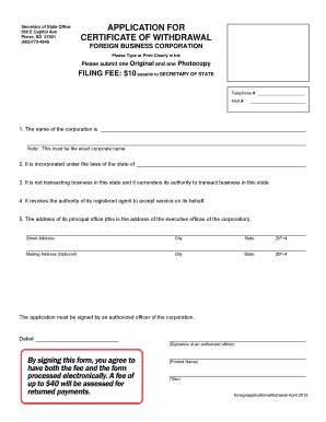 Fillable Online Sdsos Application For Certificate Of Withdrawal Fax