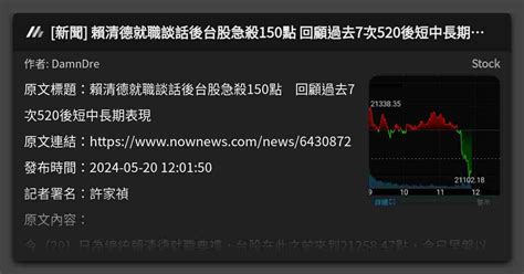 新聞 賴清德就職談話後台股急殺150點 回顧過去7次520後短中長期表現 看板 Stock Mo Ptt 鄉公所