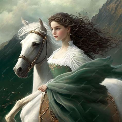 Premium AI Image | A painting of a woman riding a horse with a mountain ...