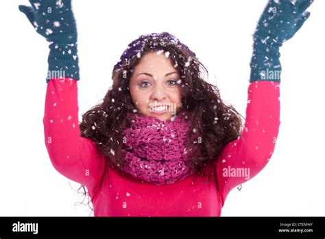 Beautiful Smiling Brunette Woman In Snow In Winter Isolated On White Background Stock Photo Alamy