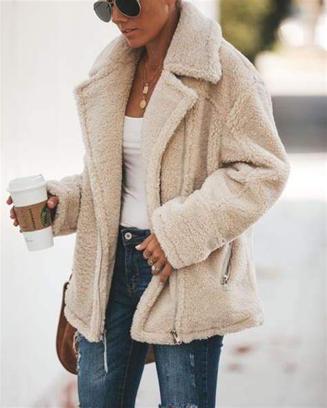 Ice Breaker Pocketed Sherpa Statement Jacket Beige Fall Fashion Coats Long Sleeve Outerwear