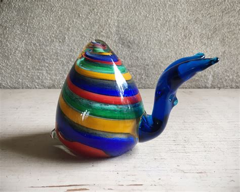 Murano Art Glass Snail Paperweight Figurine With Swirled Red Green Yellow Cobalt Blue Glass