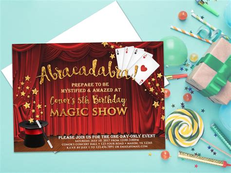 Magician Birthday Invitations Magic Show Party Invites Cards Hat Trick