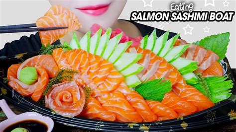 ASMR EATING SALMON SASHIMI BOAT RAW SALMON SOFT CHEWY EATING SOUND