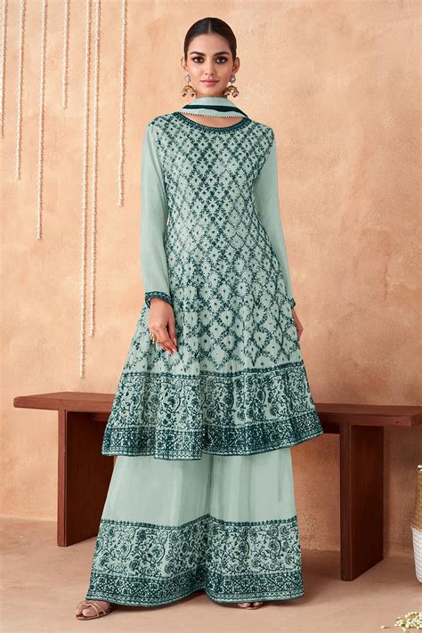 Embroidered Faux Georgette Sharara Suit In Sea Green Ucchal Fashion