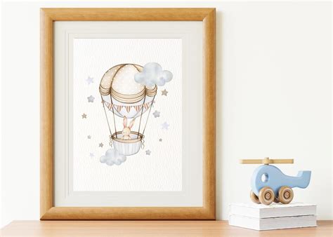 Watercolor Bunny Hot Air Balloon Nursery Wall Art Print Printable Gender Nuetral Nursery Wall