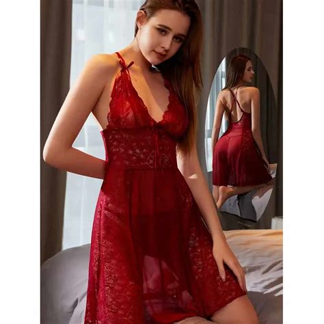 Seductive Lace Babydoll Chemise Flattering Mesh Night Dress For Women