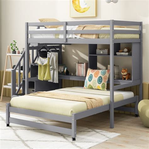 IGEMAN Twin over Full Bunk Bed with Storage Staircase, Desk, Shelves ...