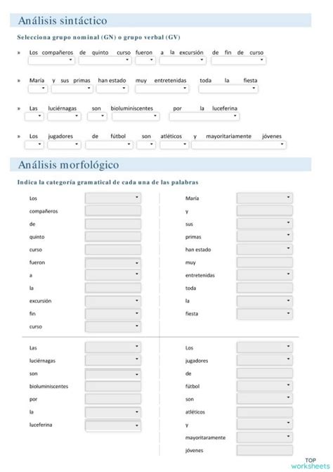 Lengua Análisis Morfológico Y Sintáctico 7 Ficha Interactiva Topworksheets