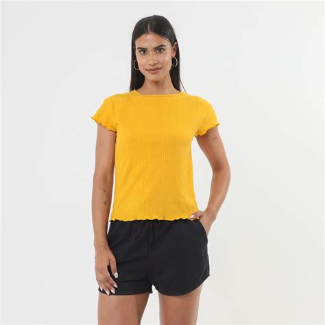 Blusa Manga Curta Frufru Liso Amarelo Viva Básicos Blusas