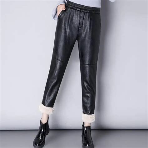 New Women Pu Leather Pants Warm Thicken Elastic Waist Large Size Autumn